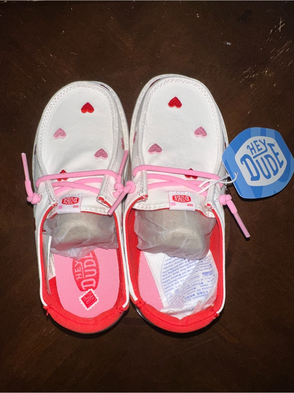 Hey Dude Kids White Slip-On Sneakers with Pink Laces & Red Heart Accents
